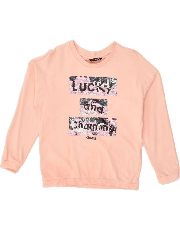 men's thick hoodies for winter -GUESS Girls Graphic Sweatshirt Jumper 9-10 Years Pink Cotton