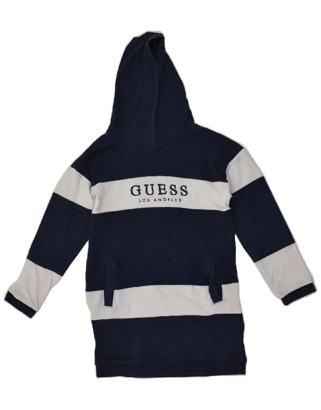 men's hoodies for winter -GUESS Girls Hoodie Jumper 9-10 Years Navy Blue Striped Cotton