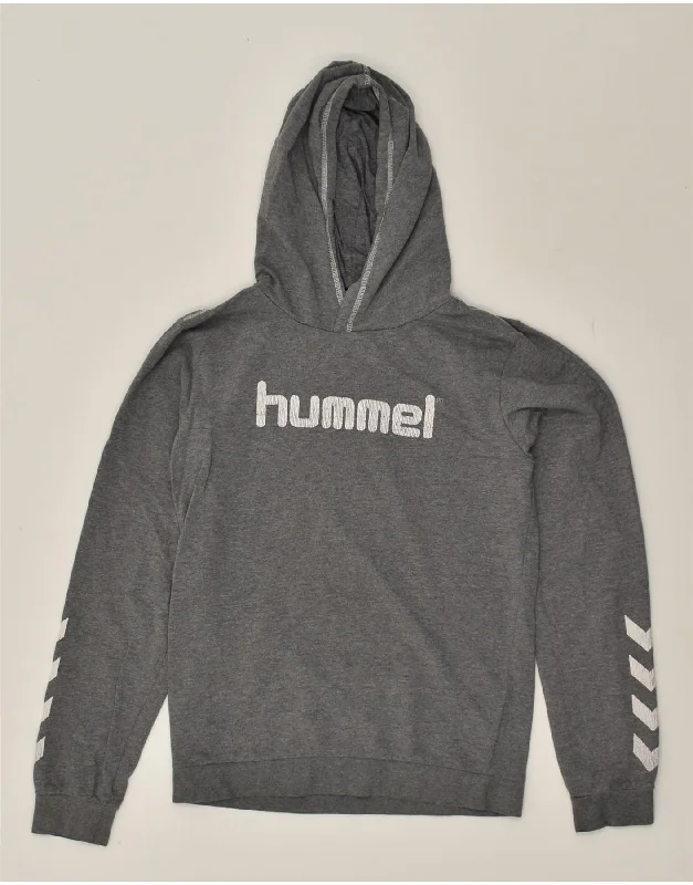 men's hoodie with high collar -HUMMEL Boys Graphic Hoodie Jumper 13-14 Years Grey Cotton