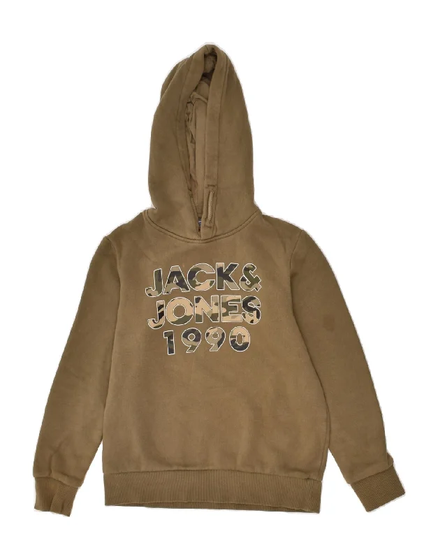 men's trendy hoodies -JACK & JONES Boys Graphic Hoodie Jumper 8-9 Years Brown Cotton