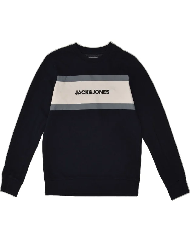 men's hoodie for chilly evenings -JACK & JONES Boys Graphic Sweatshirt Jumper 11-12 Years Navy Blue Cotton