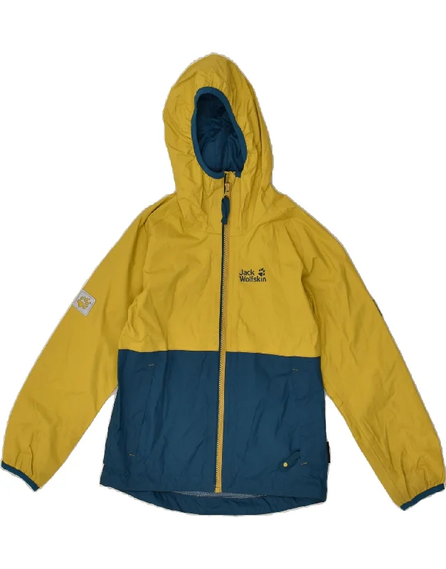 men's outdoor jackets -JACK WOLFSKIN Girls Hooded Rain Jacket 7-8 Years Yellow Colourblock