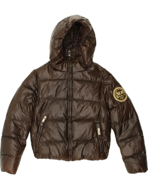 men's workwear jackets -KEJO Girls Graphic Hooded Padded Jacket 9-10 Years Medium Brown Polyamide