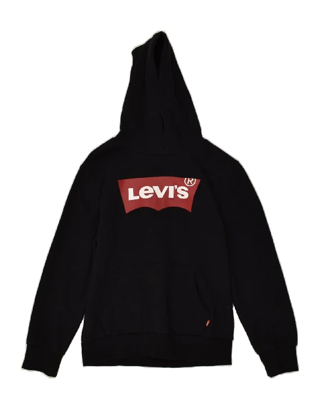 men's hoodies with slogans -LEVI'S Boys Graphic Hoodie Jumper 10-11 Years Medium Black Cotton