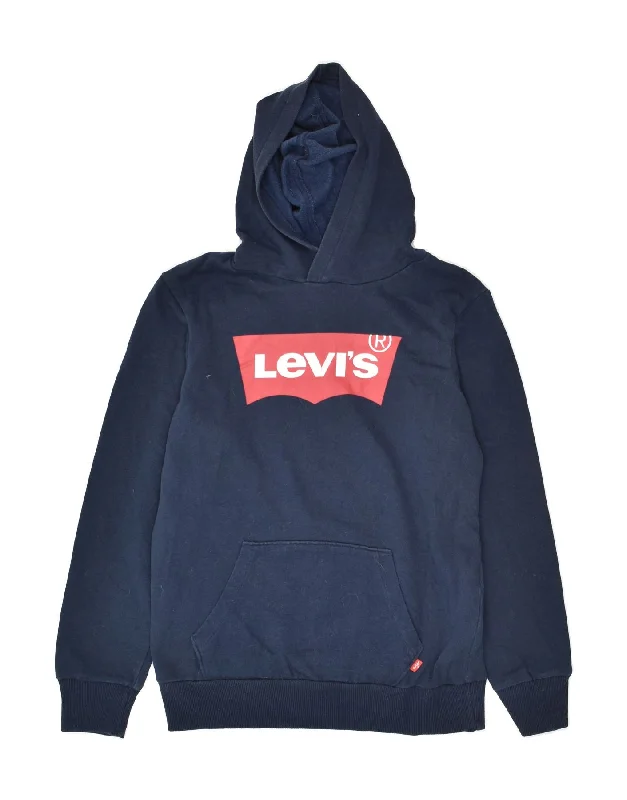 men's trendy zip-up sweatshirts -LEVI'S Boys Graphic Hoodie Jumper 13-14 Years Navy Blue Cotton