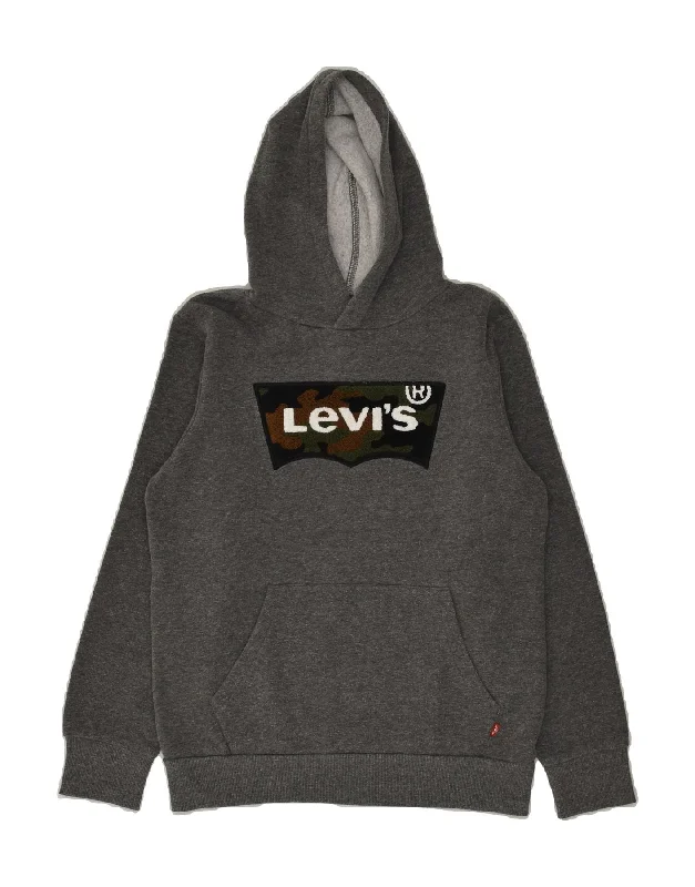 men's hoodie sweatshirt with graphics -LEVI'S Boys Graphic Hoodie Jumper 15-16 Years Grey Cotton