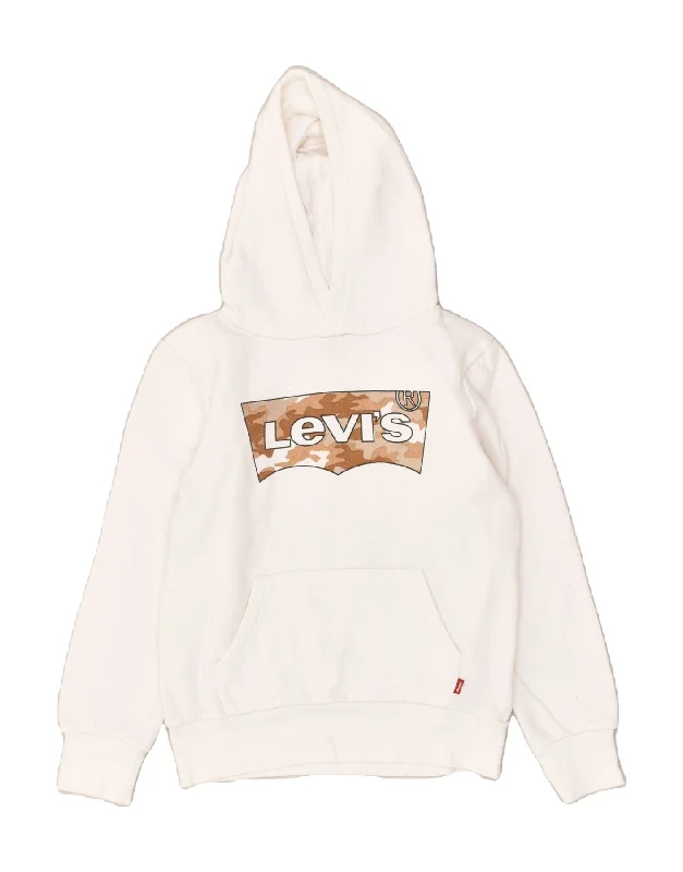 men's hoodie for layering -LEVI'S Boys Graphic Hoodie Jumper 9-10 Years White Cotton