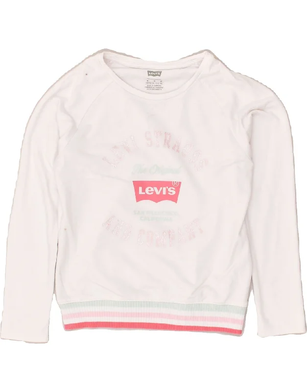 men's pullover hoodie with pockets -LEVI'S Girls Graphic Sweatshirt Jumper 10-11 Years Medium White Cotton