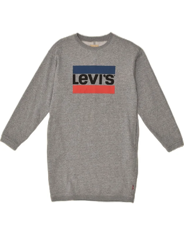 men's cozy hoodies -LEVI'S Girls Graphic Sweatshirt Jumper Dress 13-14 Years Grey Cotton