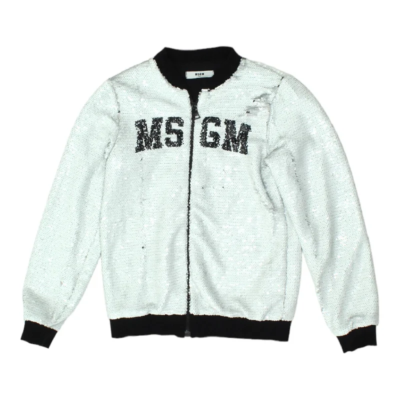 men's insulated jackets -MSGM Girls White Full Zip Sequin Bomber Style Jacket | Vintage Designer Kids VTG