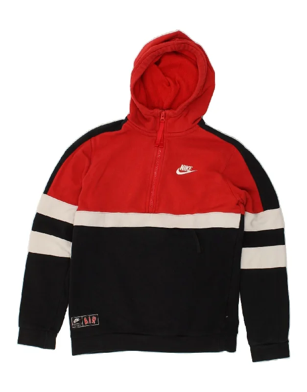 men's stylish fleece hoodies -NIKE Boys Zip Neck Hoodie Jumper 12-13 Years Large  Red Colourblock Cotton