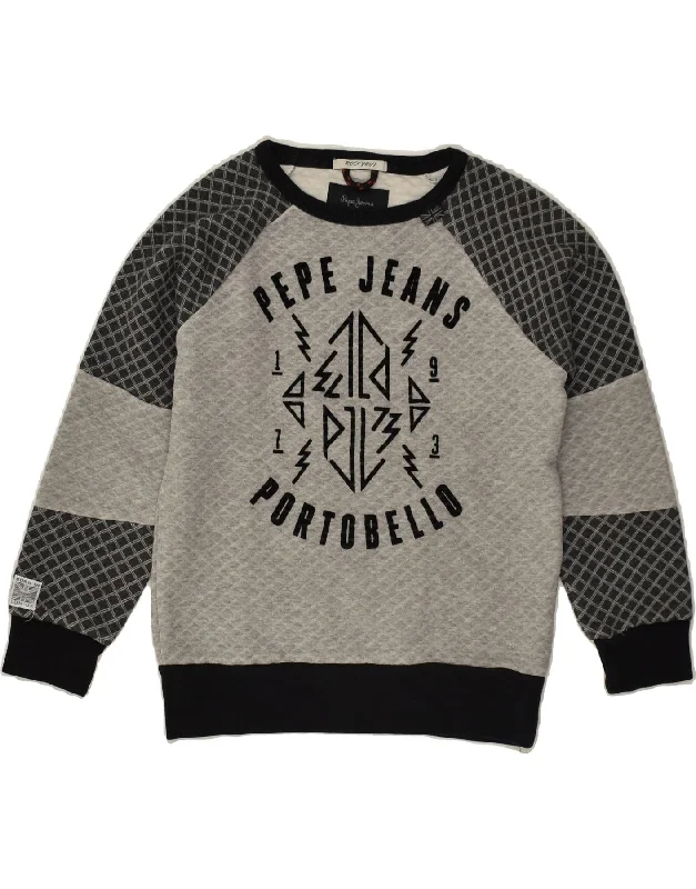 men's athletic fit sweatshirts -PEPE JEANS Boys Graphic Sweatshirt Jumper 7-8 Years Grey Colourblock