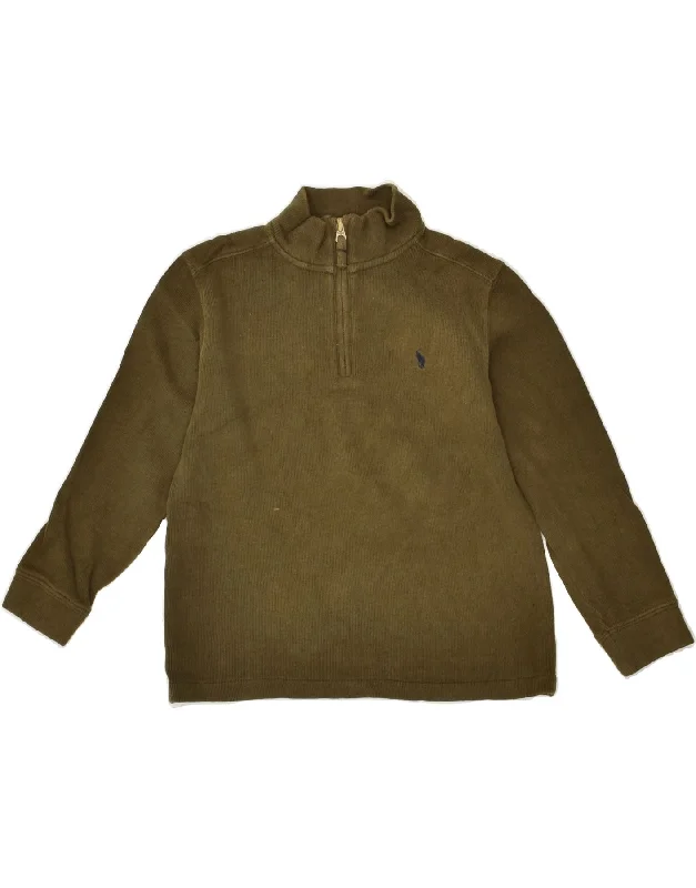 men's hoodie with zippered pockets -POLO RALPH LAUREN Boys Zip Neck Sweatshirt Jumper 6-7 Years Khaki Cotton