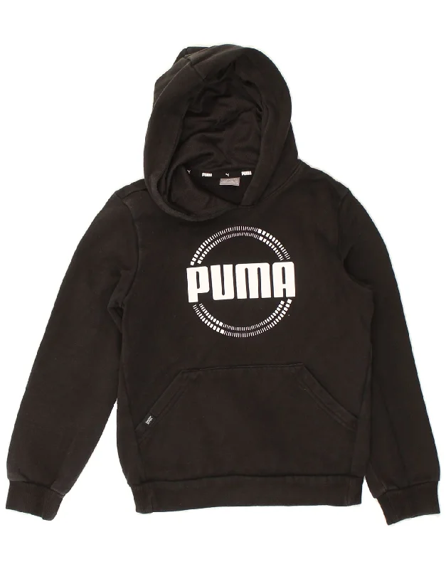 men's trendy hoodies -PUMA Boys Graphic Hoodie Jumper 9-10 Years Black Cotton