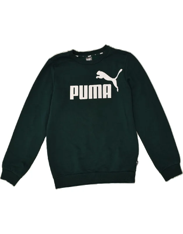 men's pullover hoodie with pockets -PUMA Boys Graphic Sweatshirt Jumper 11-12 Years Green Cotton