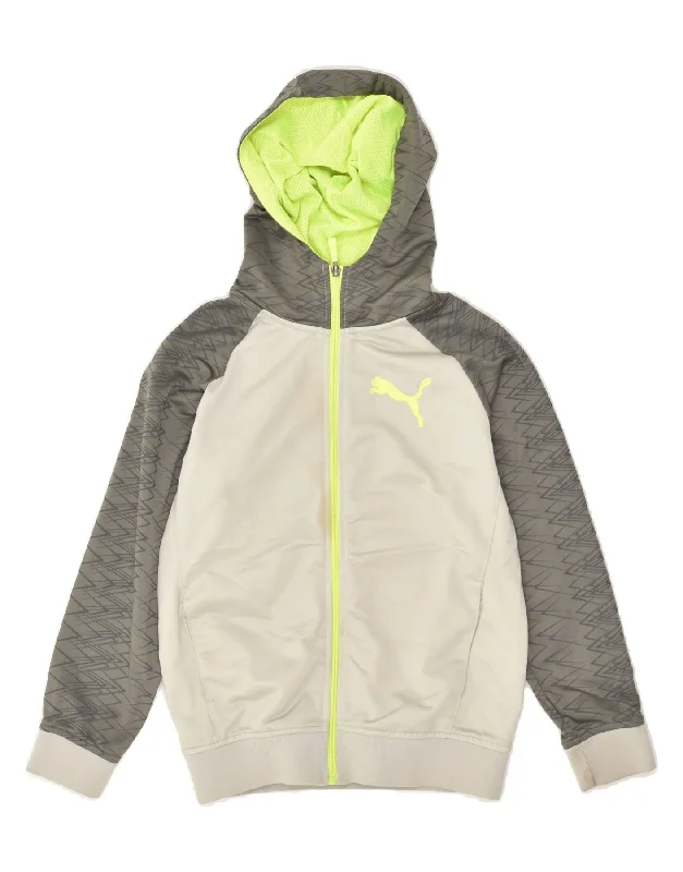 men's leather jacket with lining -PUMA Boys Hooded Tracksuit Top Jacket 7-8 Years Small Grey Colourblock