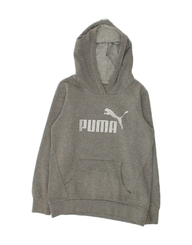 men's hoodie for exercise -PUMA Girls Graphic Hoodie Jumper 12-13 Years Large Grey Cotton