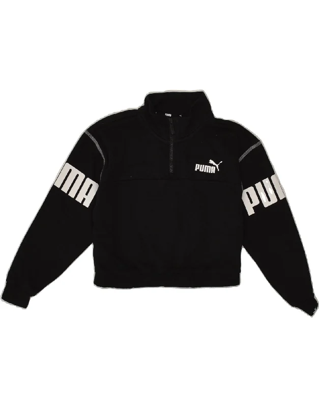 men's zip-up hoodie for hiking -PUMA Girls Graphic Sweatshirt Jumper 9-10 Years Black Cotton