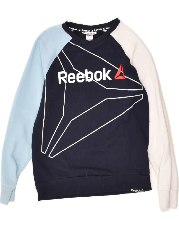 men's hoodie for hiking -REEBOK Boys Graphic Sweatshirt Jumper 10-11 Years Large Navy Blue