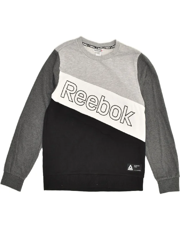 men's fleece hoodies -REEBOK Boys Graphic Sweatshirt Jumper 15-16 Years 2XL Black Colourblock