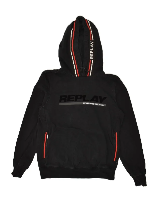 men's hoodie for daily wear -REPLAY Boys Graphic Hoodie Jumper 15-16 Years Black Cotton