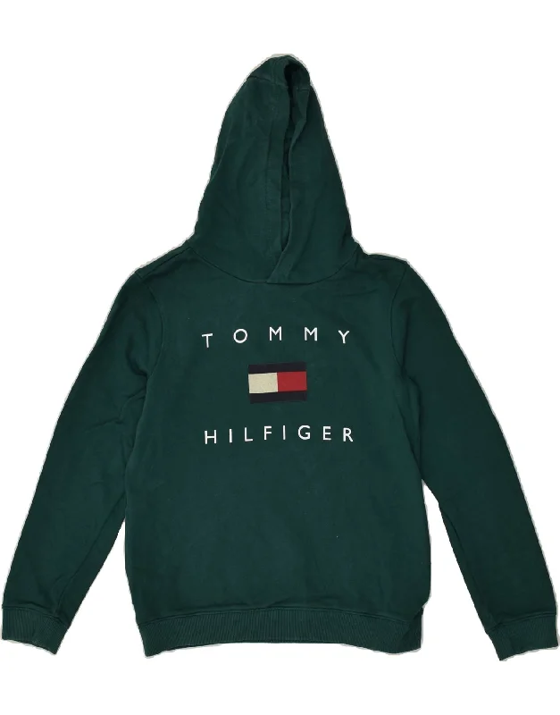 men's oversized hoodies -TOMMY HILFIGER Boys Graphic Hoodie Jumper 13-14 Years Green Cotton