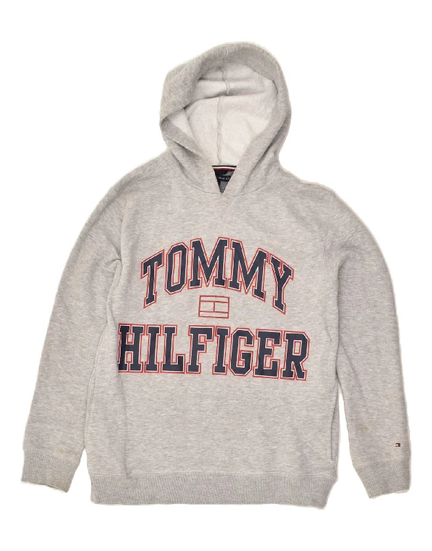 men's printed graphic sweatshirts -TOMMY HILFIGER Boys Graphic Hoodie Jumper 15-16 Years Large Grey Cotton