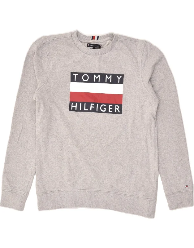 men's hoodie for outdoor wear -TOMMY HILFIGER Boys Graphic Sweatshirt Jumper 13-14 Years Grey Cotton