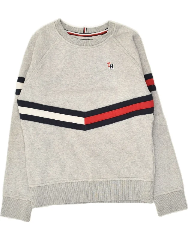 men's hoodie with creative prints -TOMMY HILFIGER Boys Sweatshirt Jumper 9-10 Years Grey Striped Cotton