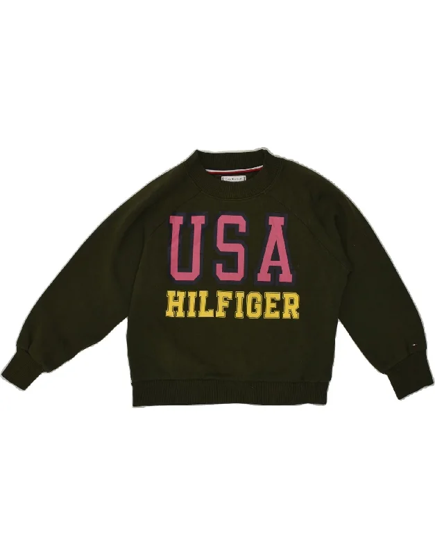 men's lightweight sweatshirts -TOMMY HILFIGER Girls Graphic Sweatshirt Jumper 11-12 Years Khaki Cotton