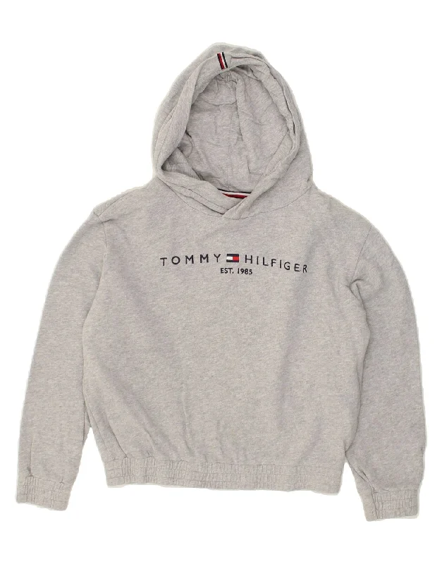 men's comfortable pullover sweatshirts -TOMMY HILFIGER Girls Oversized Graphic Hoodie Jumper 11-12 Years Grey