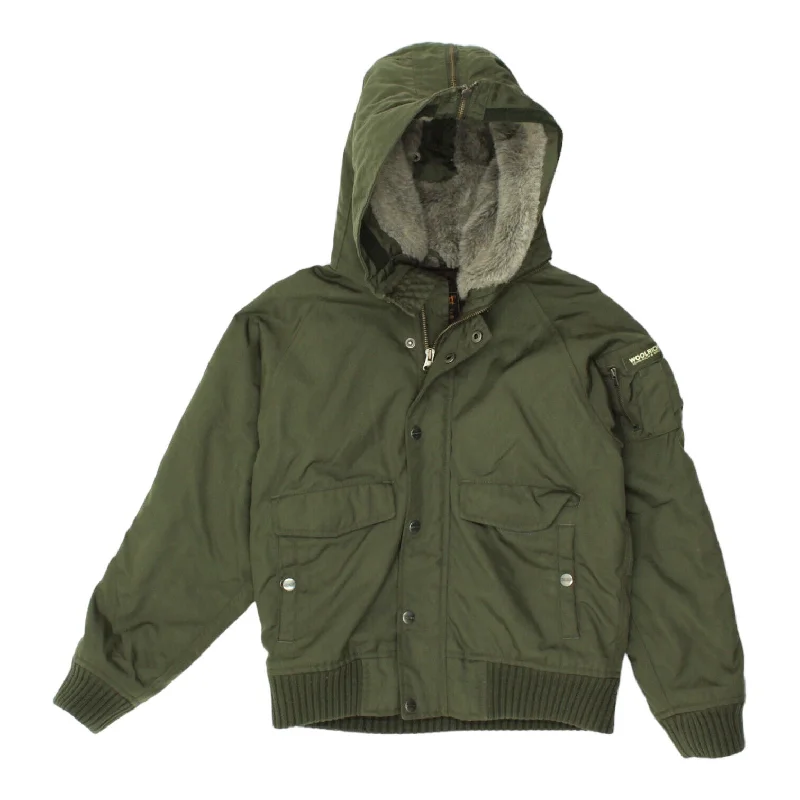 men's waterproof jackets -Woolrich Boys Green Hooded Quilted Jacket | Vintage Designer Kids Outdoors Wear